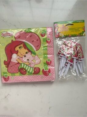 Strawberry Shortcake Pink Dessert Toppers & Napkins Party Set